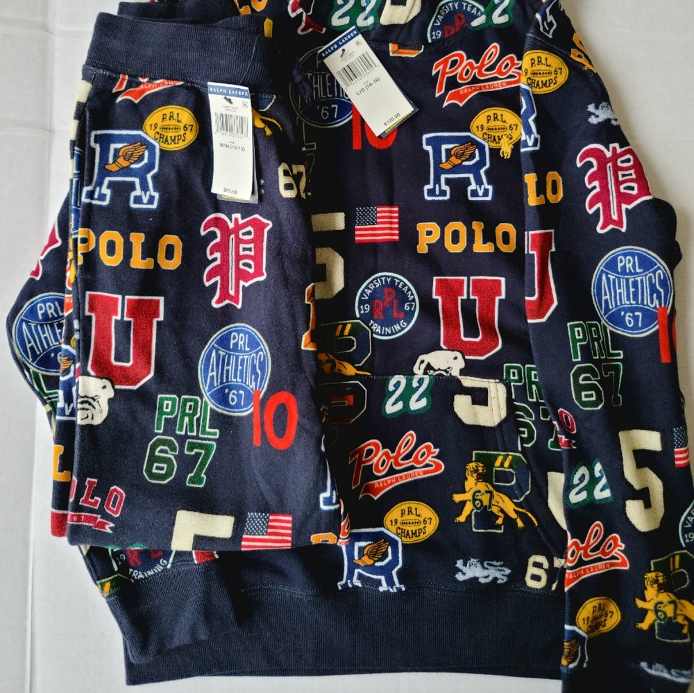 Polo Ralph Lauren 2 Piece Sweatsuit Lette Pants Size M 10-12 Jacket Size L 14-16